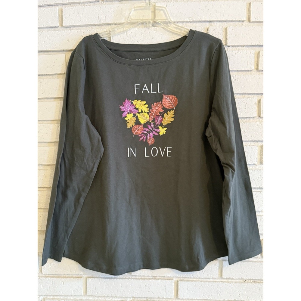 Talbots Green Pullover Top Size XL Embroidered‎ "Fall in Love" Cotton Long Slv